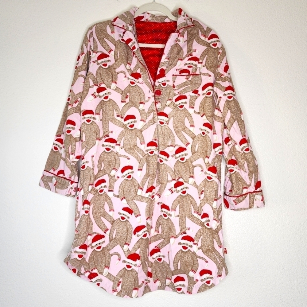 Nick & Nora Pink Sock Monkeys Santa Hat FlannelNightgown Sleep Shirt M